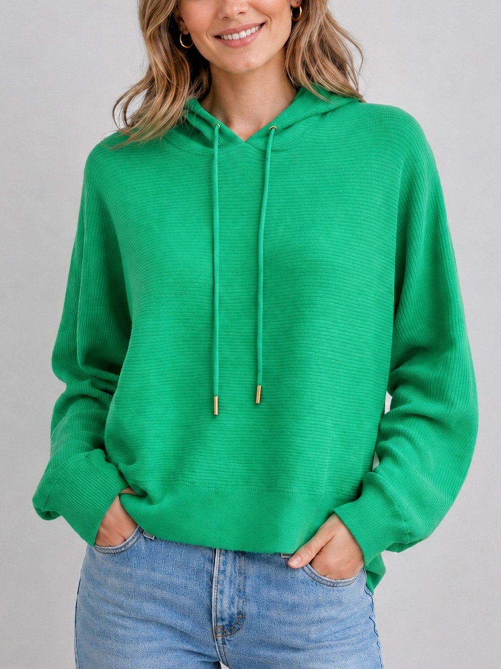 🆕🍏 Chelsea & Theodore Green Ribbed Knit Hoodie Sweater XL Dolman Sleeve Casual